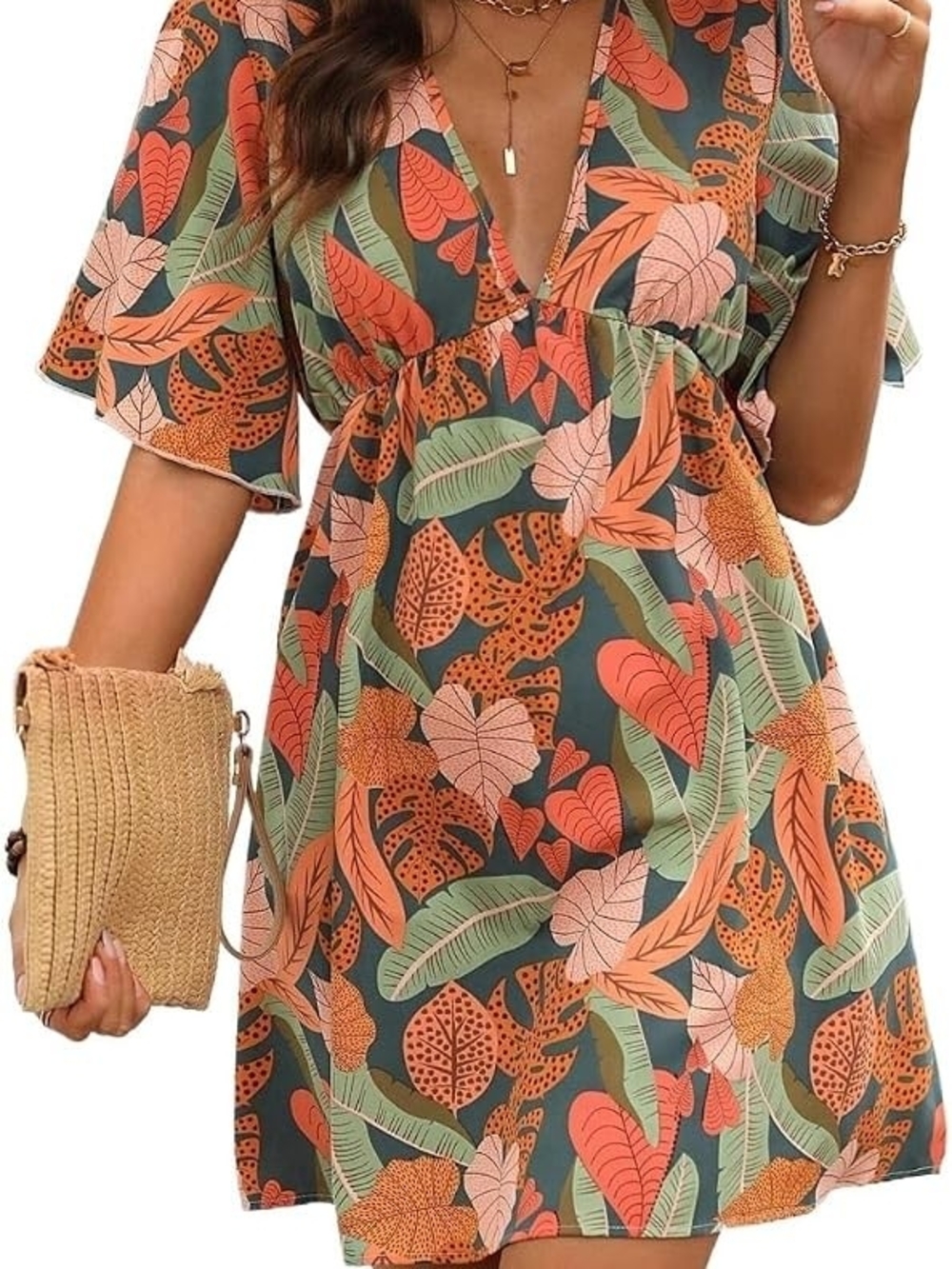SHEIN Green Tropical Leaf Print V-Neck Mini Dress with Coral Accents